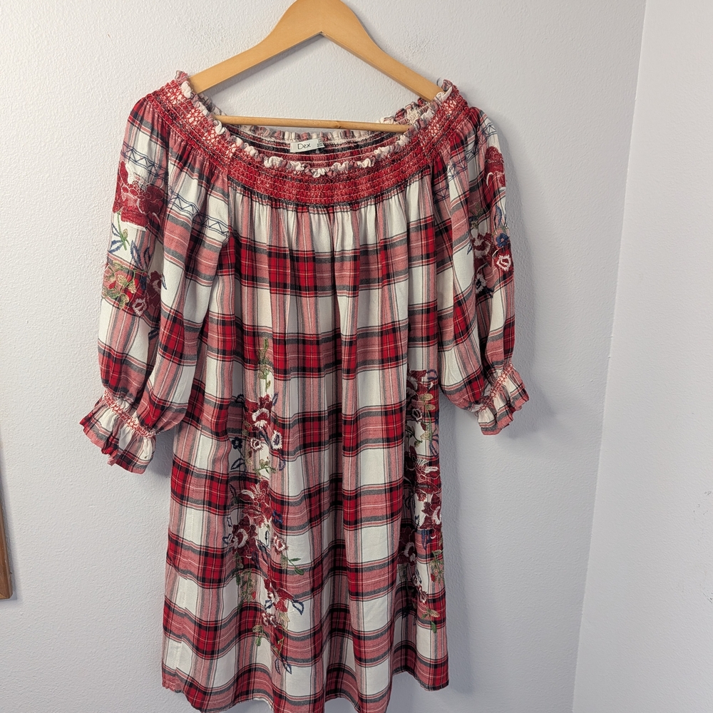 Dex Plaid Floral‎ Embroidered Smocked Dress | Size Large | Cottagecore Cabincore